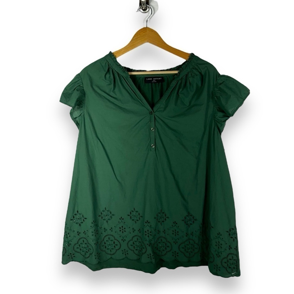 Lane Bryant Notch Neck Flutter Sleeve Embroidered Top, Forest Green, Size 18/20